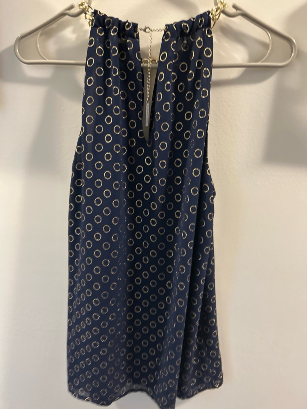Michael Kors Navy Blue Gold Ring-Print Halter Blouse
